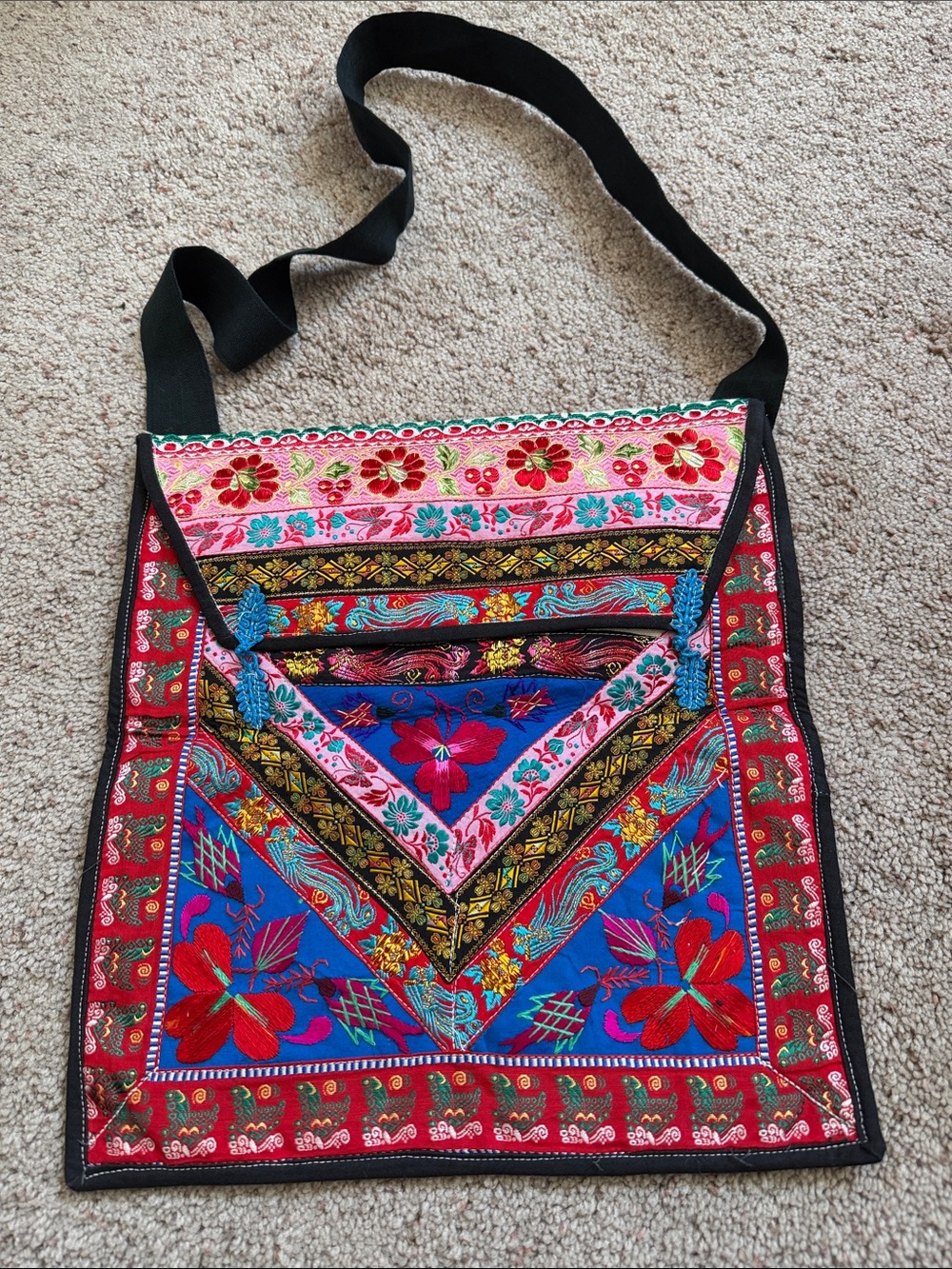 Hand-Embroidered Blue & Red Floral Boho Crossbody Bag. Never used.